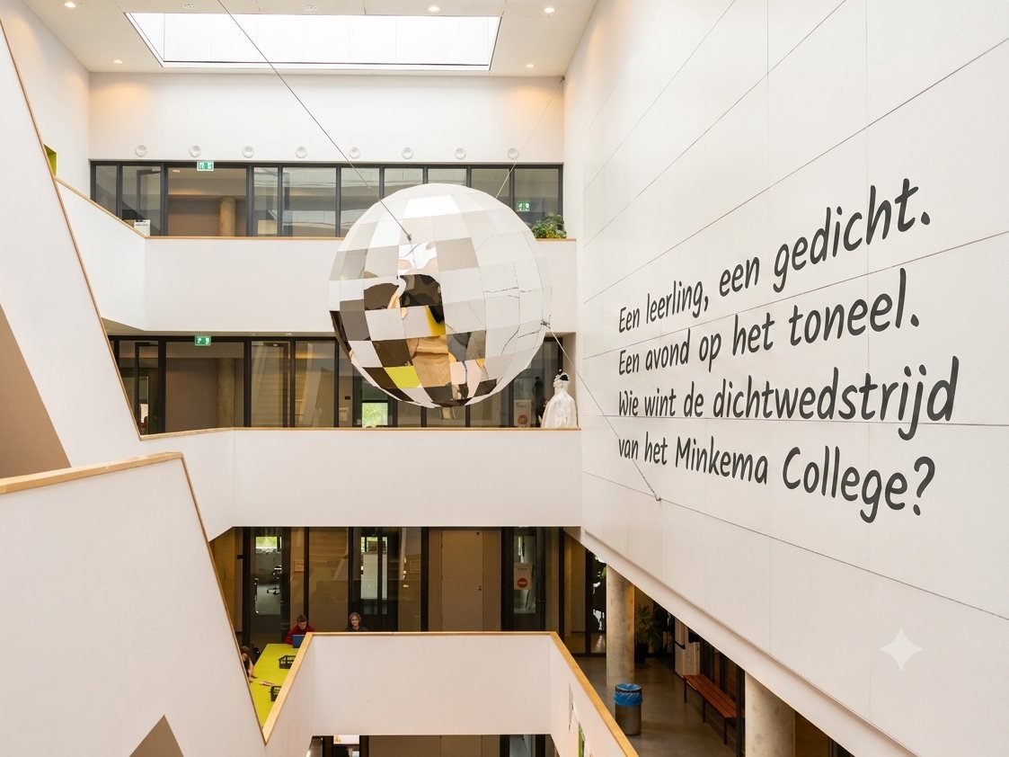 De hal van het Minkema College met op de muur de tekst: Een leerling, een gedicht. Een avond op het toneel. Wie wint de dichtwedstrijd van het Minkema College?